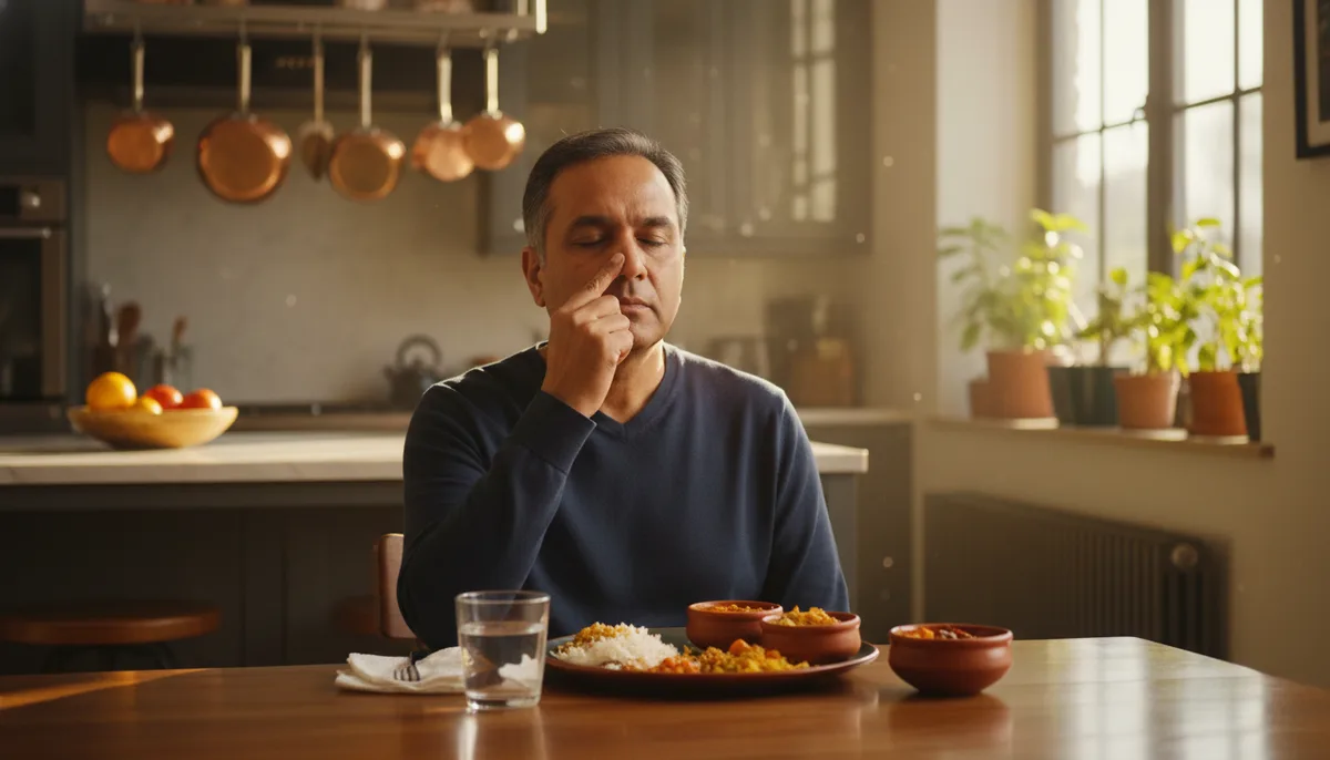 Indian man practicing alternate nostril breathing seated at a dining table after a meal