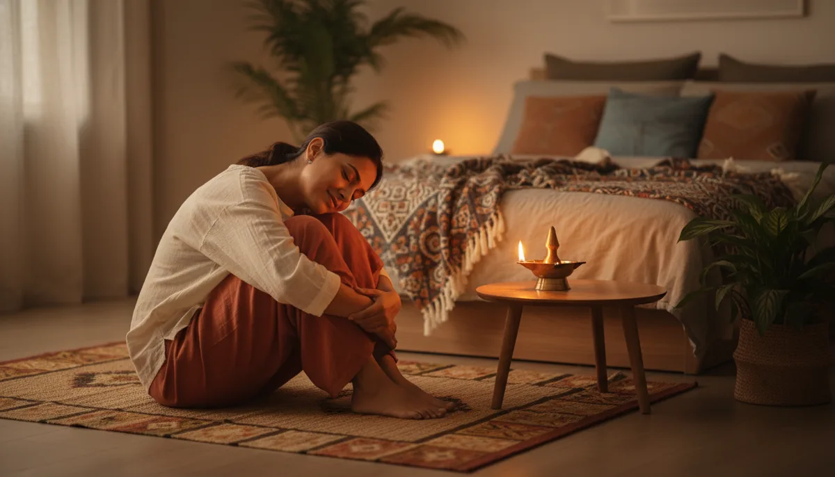Indian woman in knees-to-chest yoga pose on a mat in a warmly lit bedroom in the evening