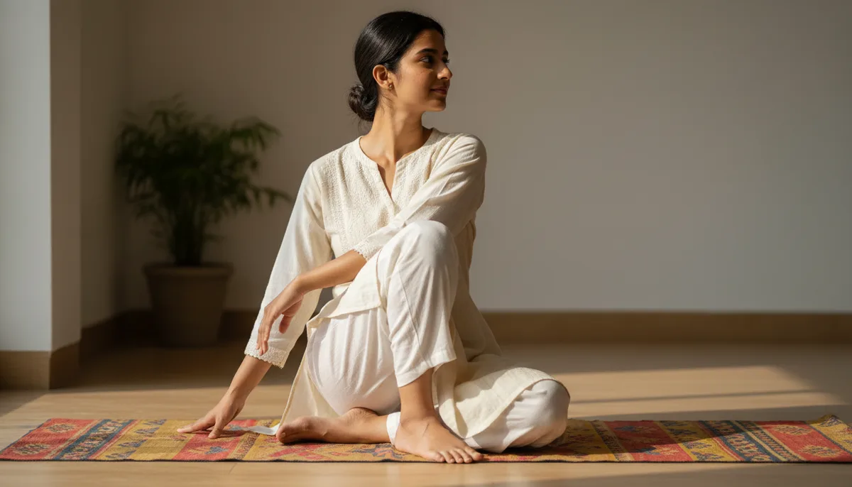 Indian woman performing a seated spinal twist yoga pose on a mat at home