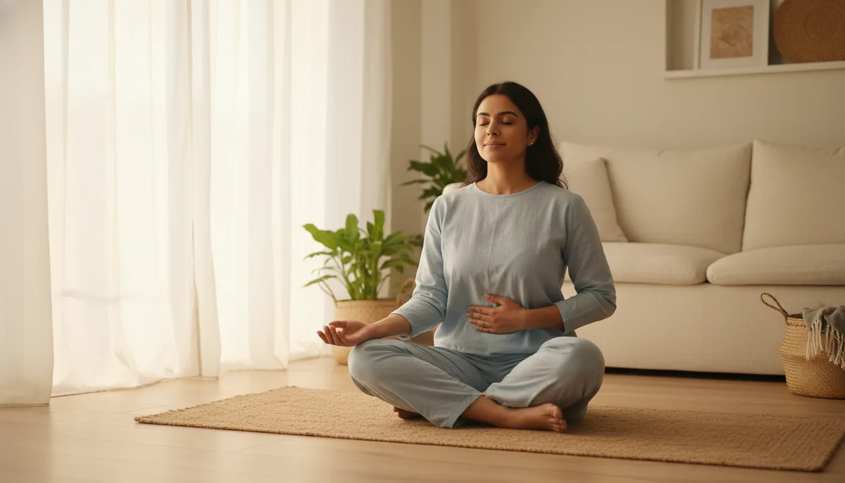 Indian woman practicing diaphragmatic breathing on a yoga mat in a bright home living room