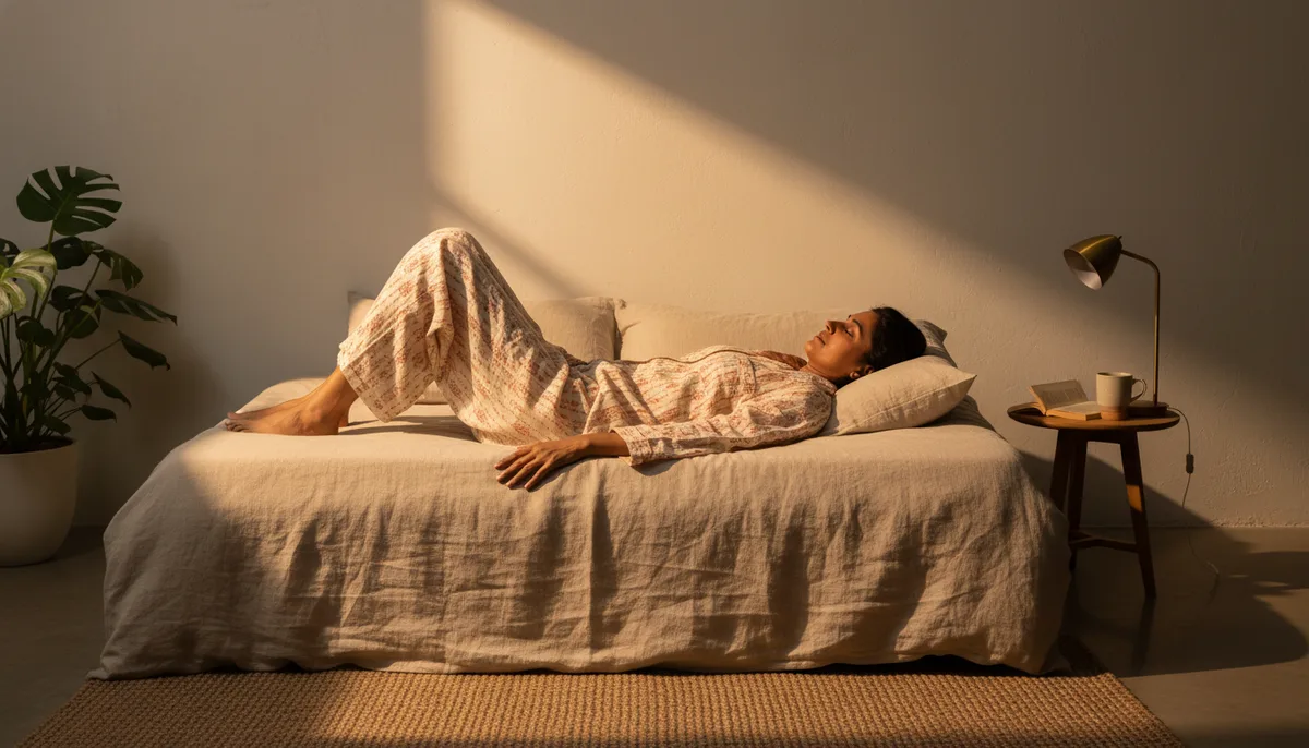 Indian adult doing Legs Up the Wall yoga pose in a calm home bedroom