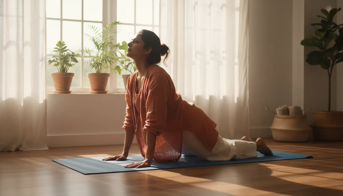 Indian woman doing Cat-Cow yoga pose on a mat at home in morning light
