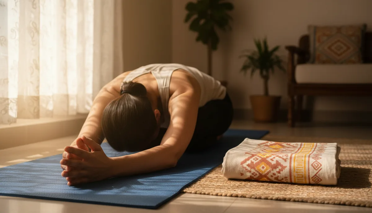 Person resting in Child's Pose on a yoga mat in a cozy home setting