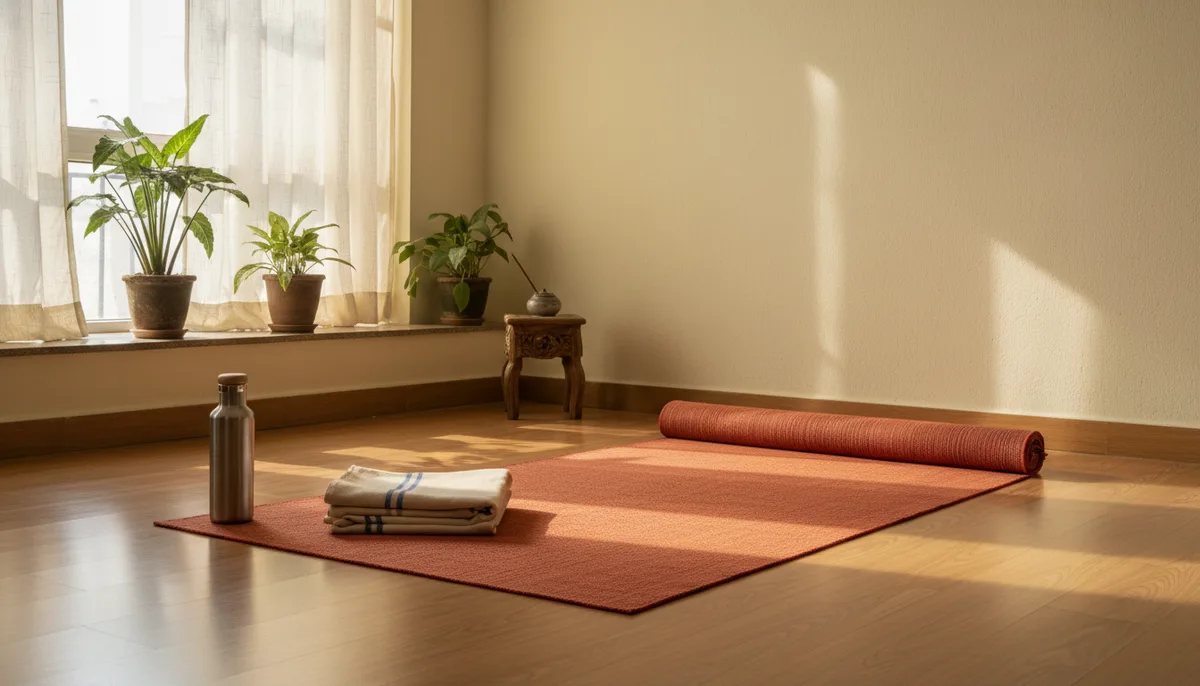 Yoga mat set up in a small Indian home living room corner ready for practice