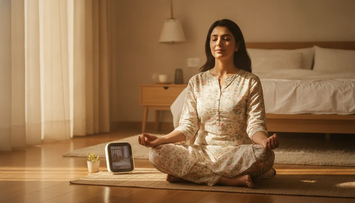 Indian mother practicing gentle breathing and meditation at home during postpartum recovery