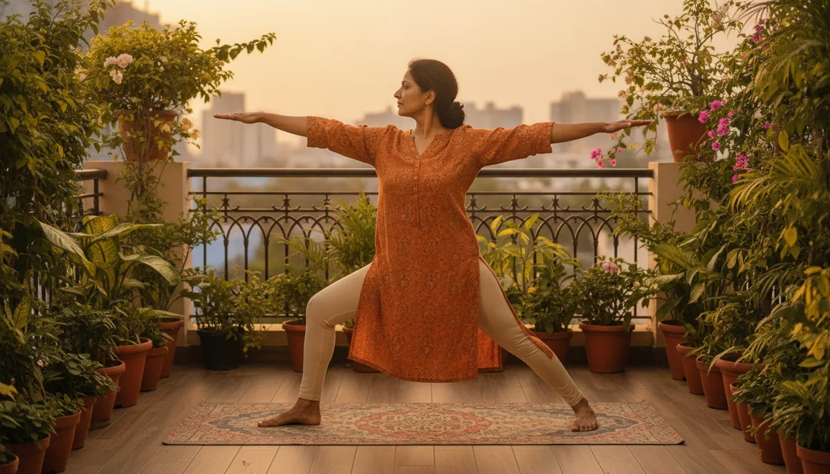 Indian woman in her 40s practicing Warrior II yoga pose on a home balcony in the evening