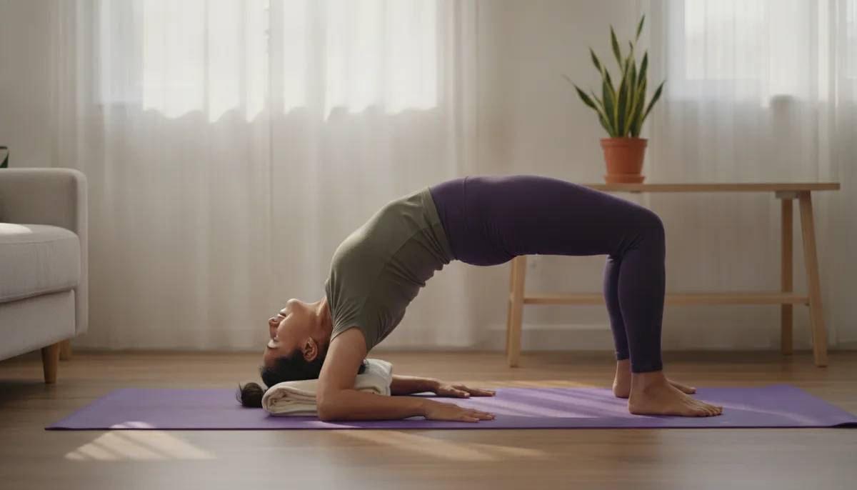 Indian woman in supported bridge yoga pose on mat in sunlit home living room