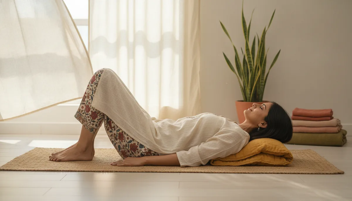 Indian woman practicing restorative reclining yoga pose on mat at home during rest day