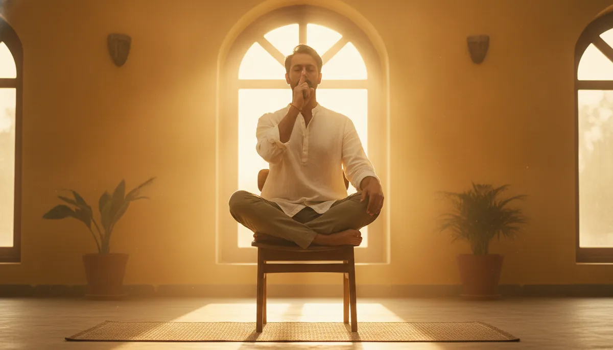 Man practicing alternate nostril breathing technique seated in a quiet Indian room