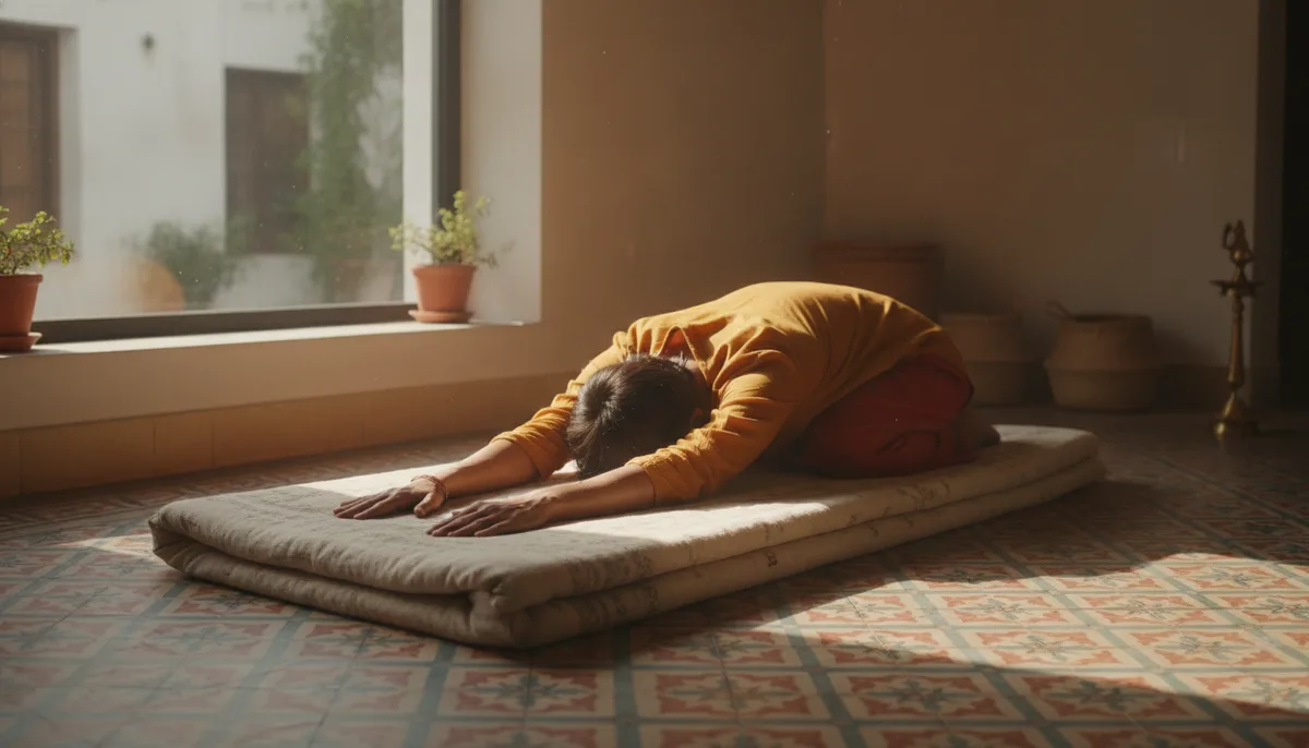 Person in Child's Pose on a yoga mat in a simple Indian home setting
