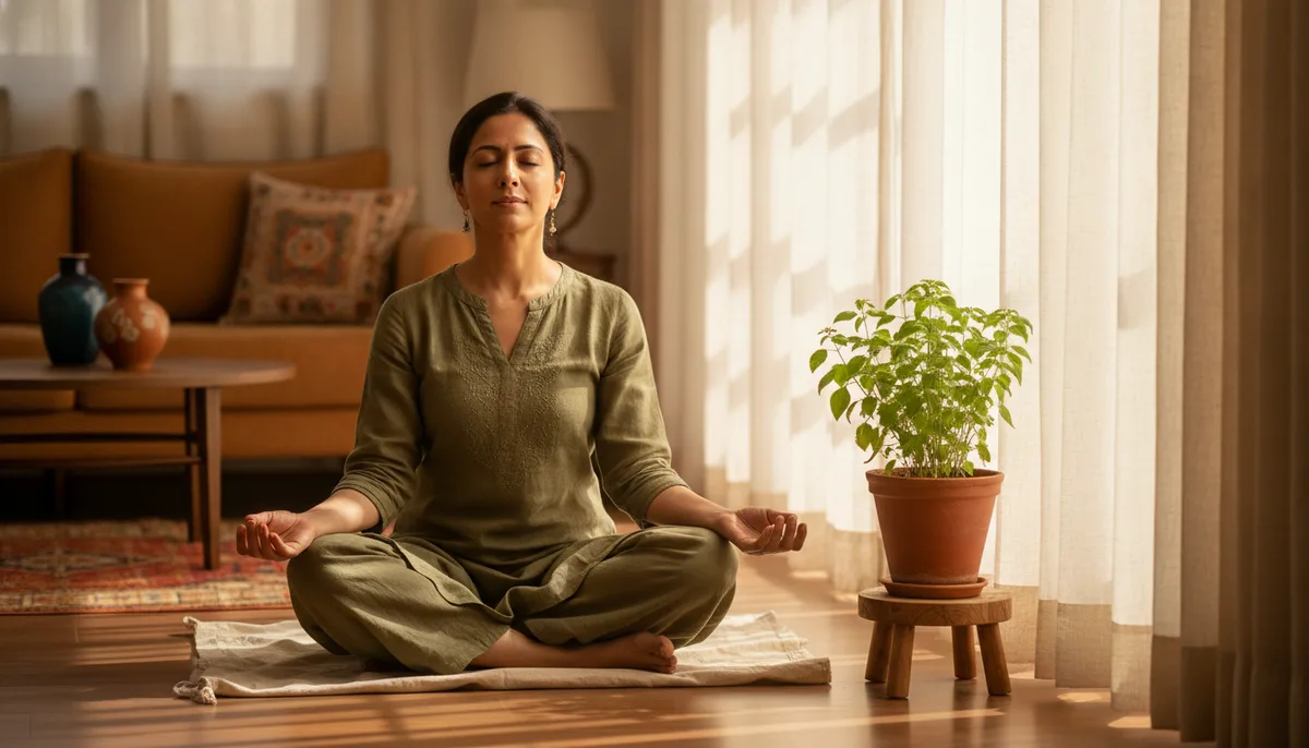 Woman practicing calming yoga meditation in a warm Indian home living room