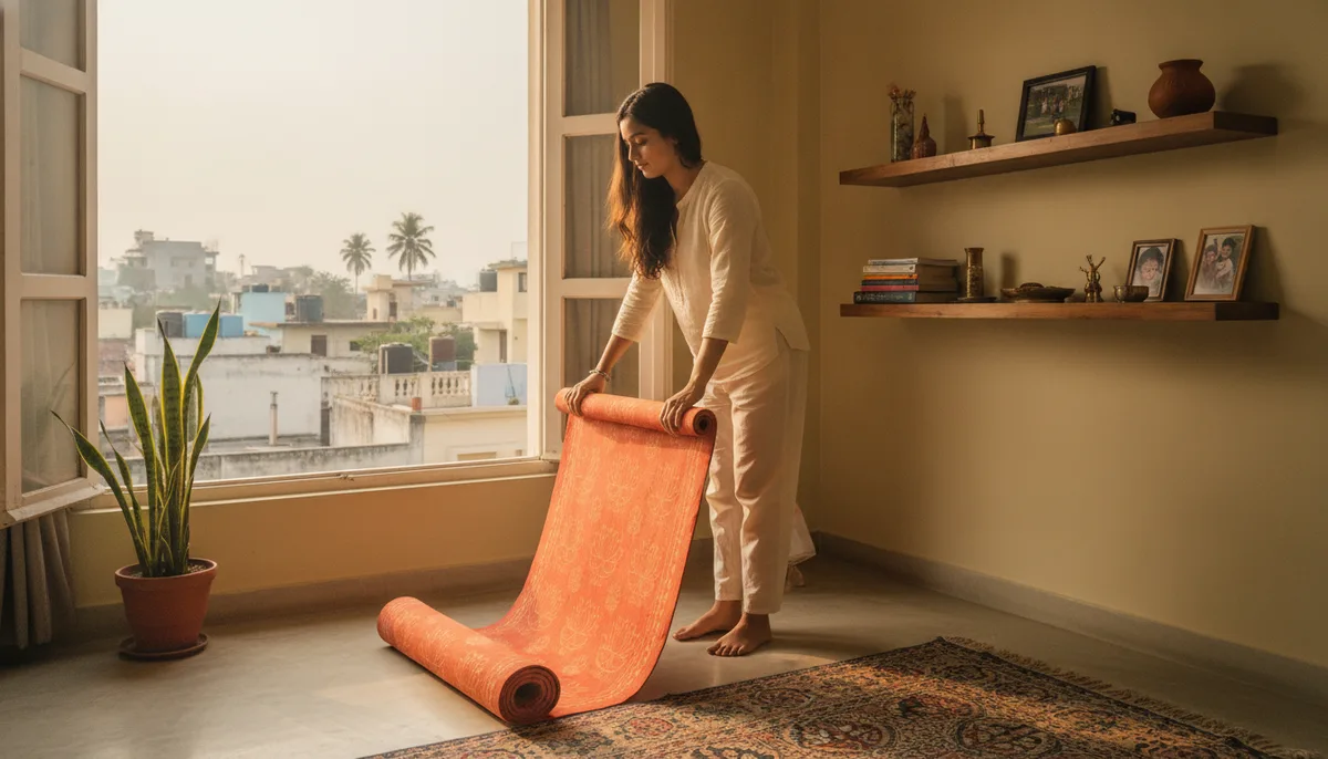 Woman setting up yoga mat in a small everyday Indian home bedroom