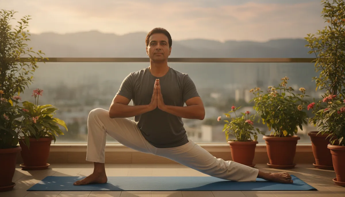 Indian man performing Surya Namaskar on a home balcony with potted plants in morning light