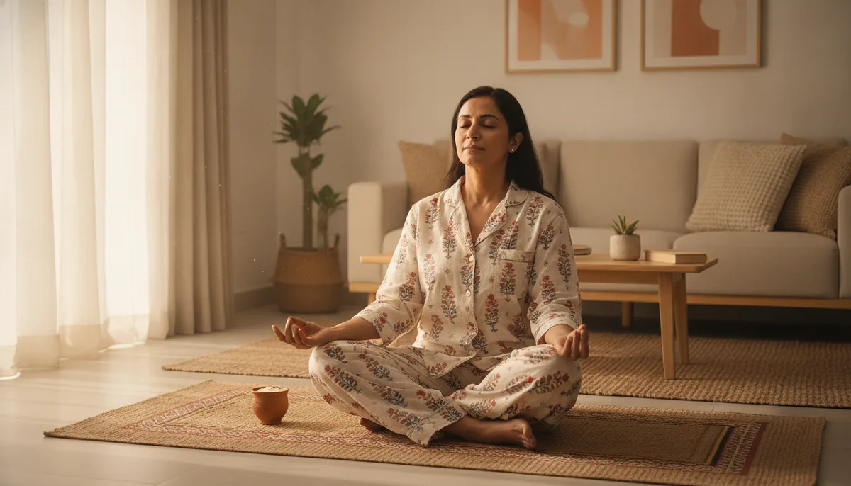 Indian woman practicing yoga at home in morning light with a cup of chai nearby