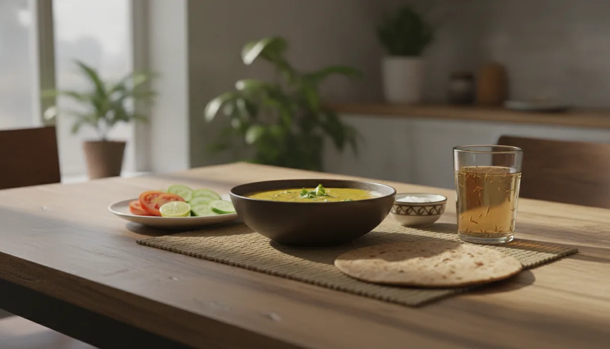 Simple healthy Indian home meal with dal, salad, roti, and jeera water in natural daylight