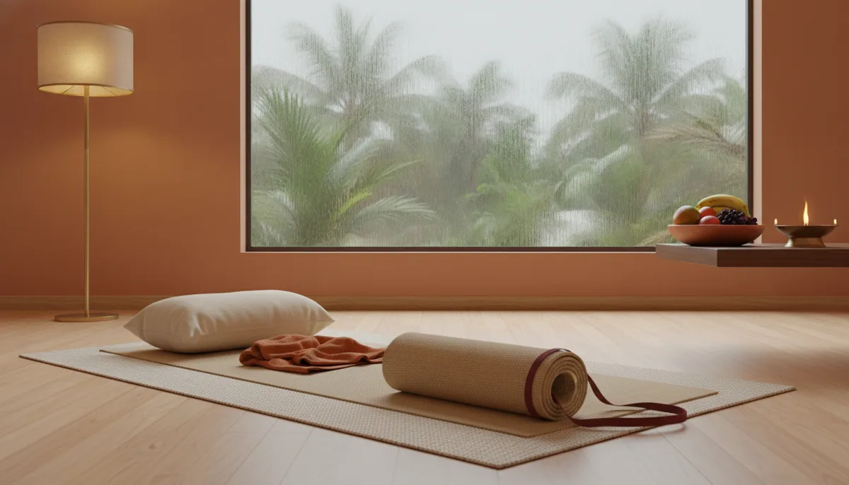 Yoga mat laid out indoors during monsoon season with warm lamp light and festive home decor