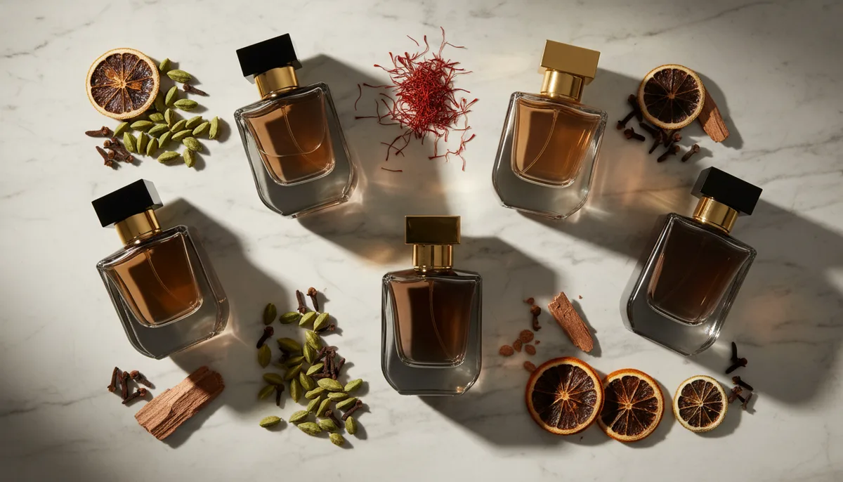 Different fragrance families represented by perfume bottles and their natural ingredient notes on marble