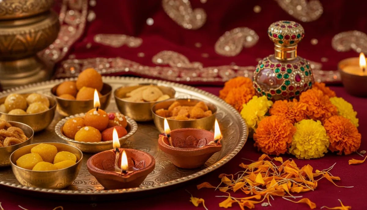 Elegant perfume bottle placed beside festive Indian Diwali diyas and marigold flowers
