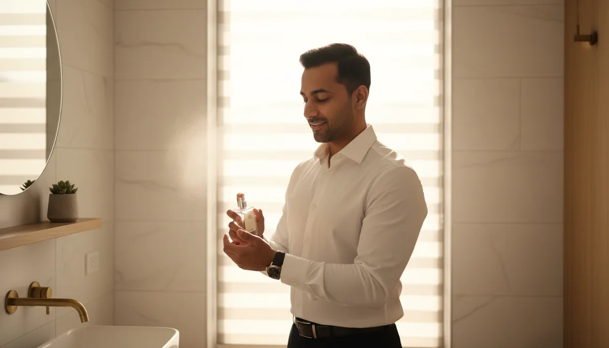 Indian professional man applying perfume in a clean modern office bathroom before work