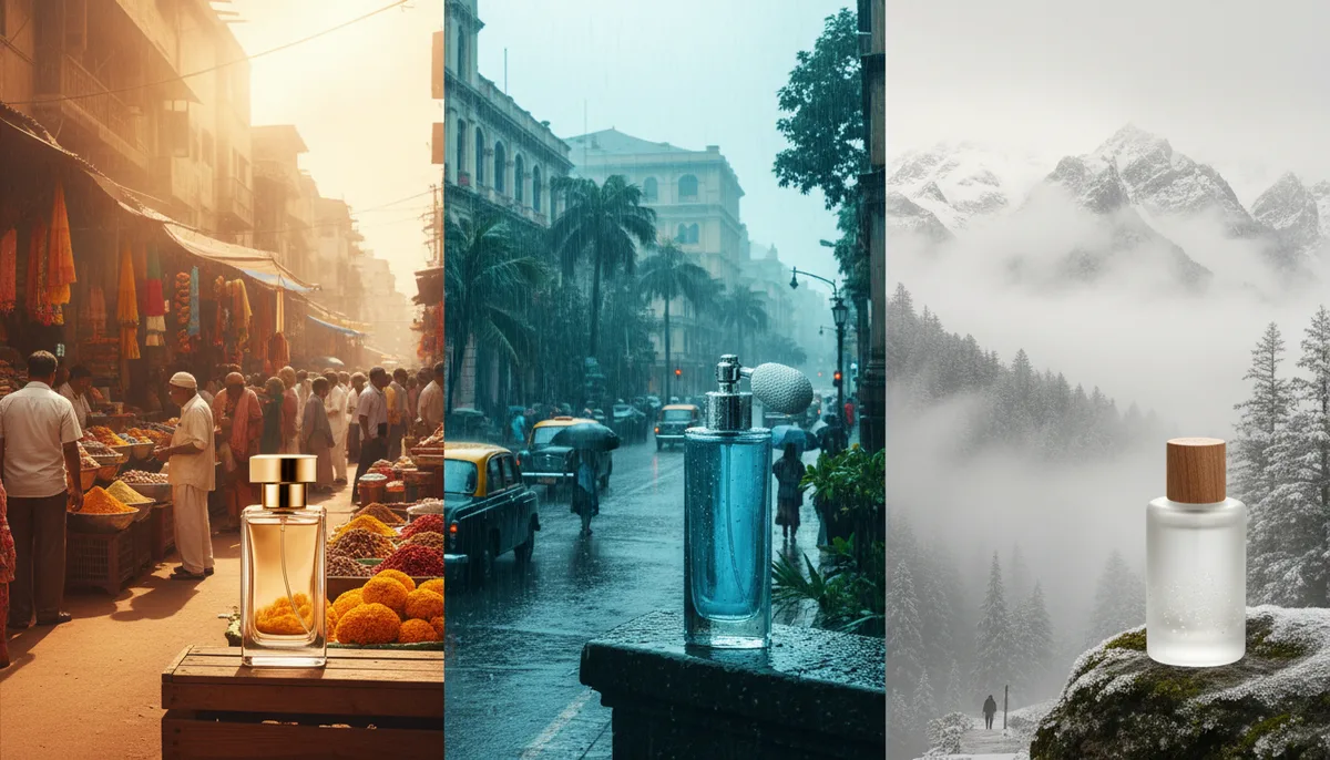 Three seasonal Indian climate settings representing summer monsoon and winter fragrance choices