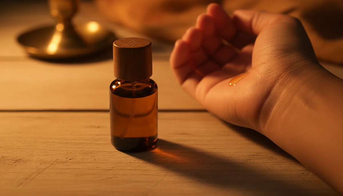 Concentrated perfume oil bottle with warm amber candlelight showing rich oil texture on skin