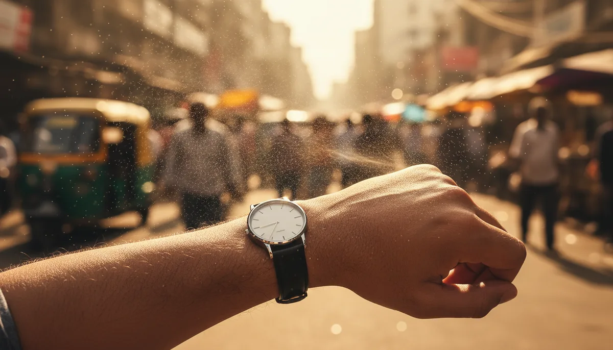 Perfume spray evaporating quickly in hot Indian summer street sunlight on a man's wrist