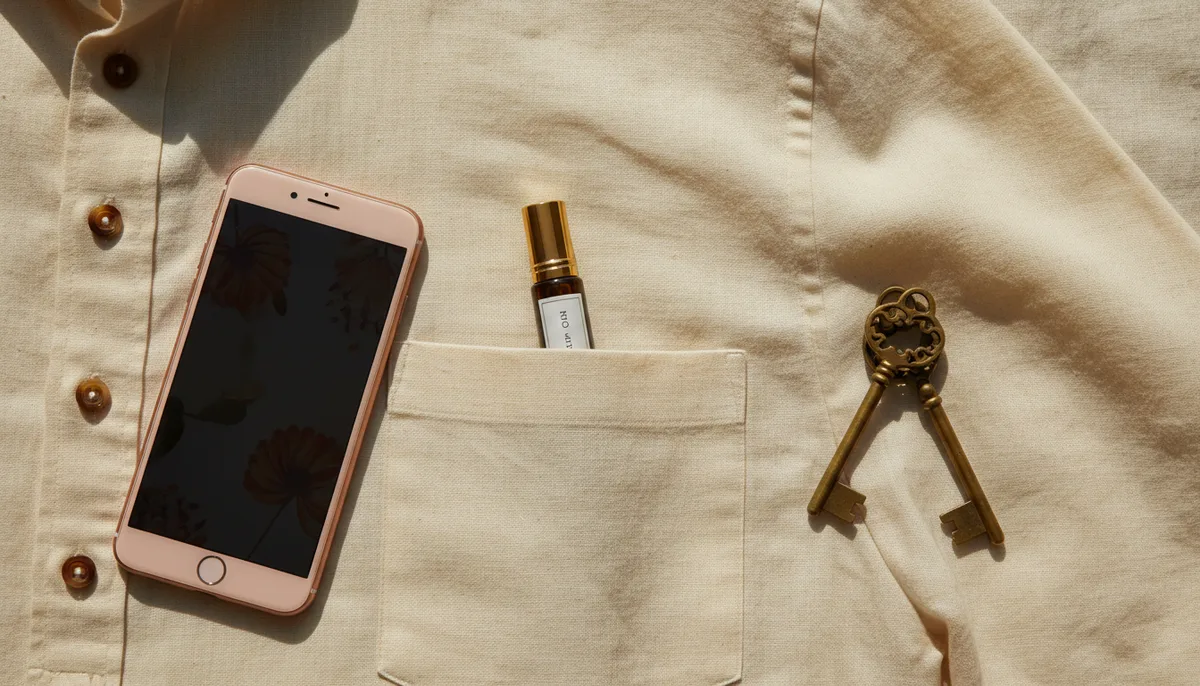 Small perfume oil bottle fitting neatly inside a kurta pocket with keys and phone flat lay