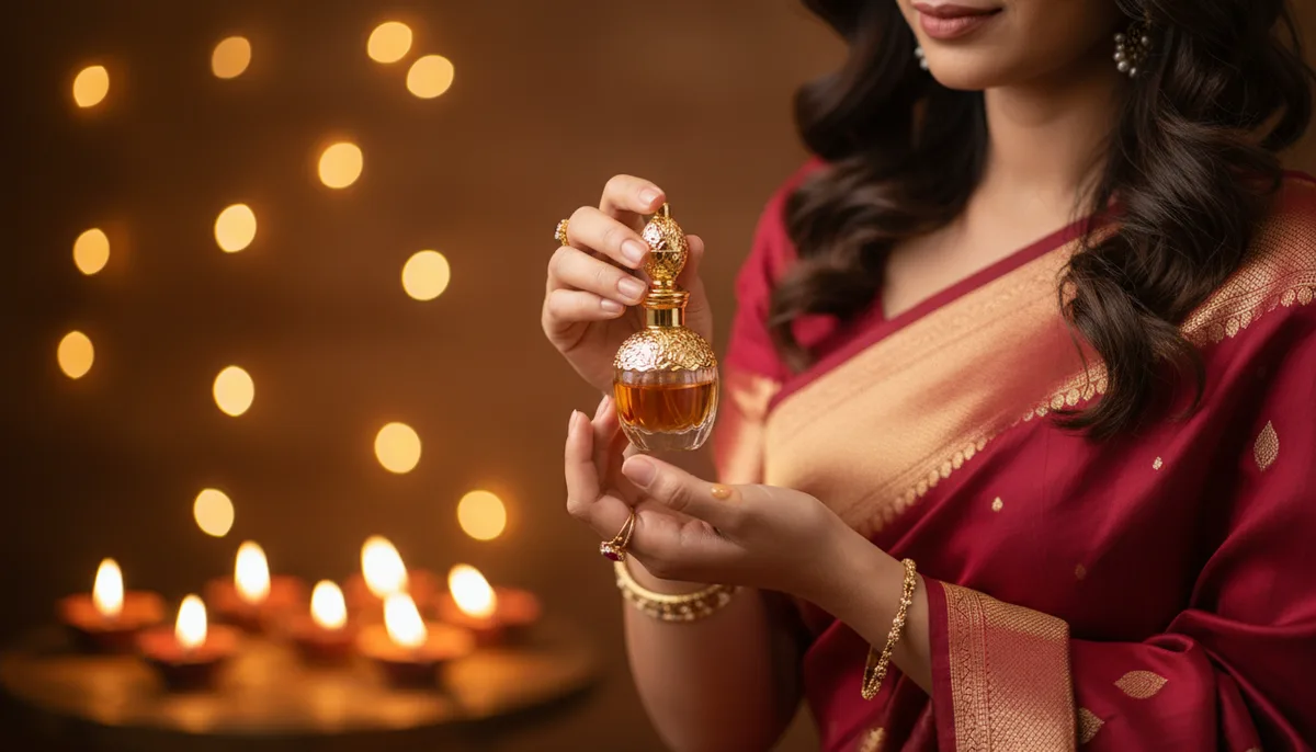 Woman in red saree applying perfume oil at Diwali celebration with diyas glowing in background