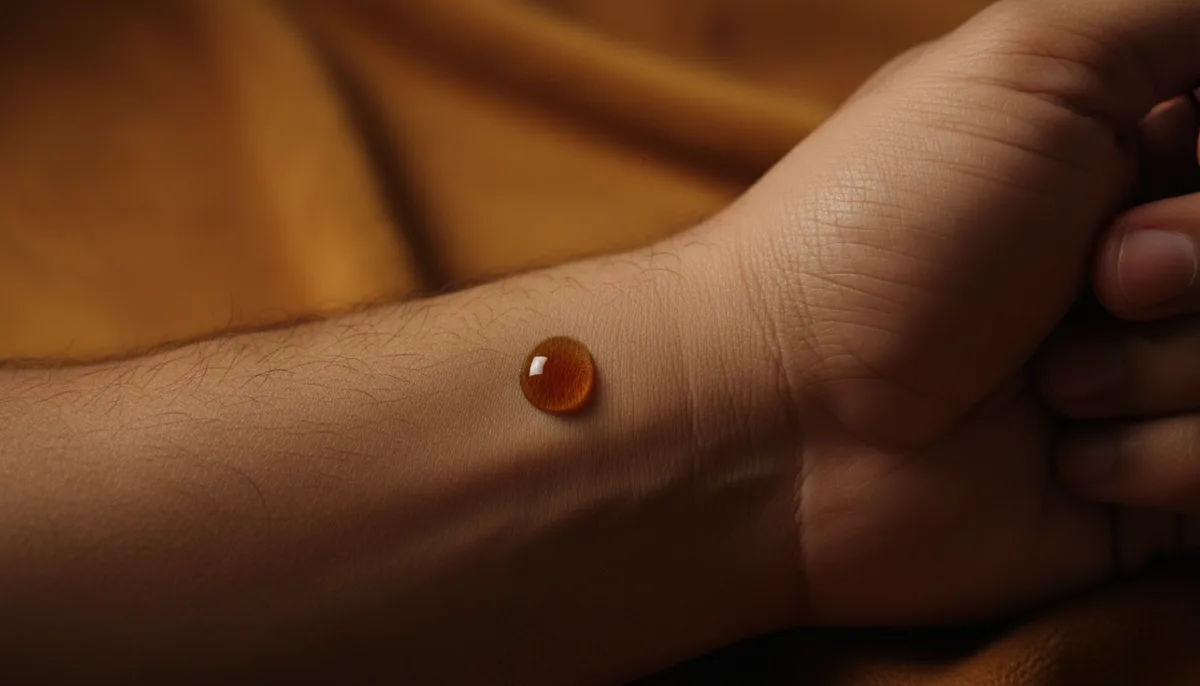 Close-up of perfume oil being applied to a man's wrist with a glass rollerball applicator