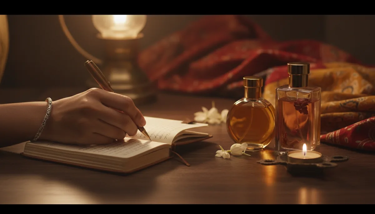 Person writing fragrance layering notes in a leather journal beside two perfume oil bottles