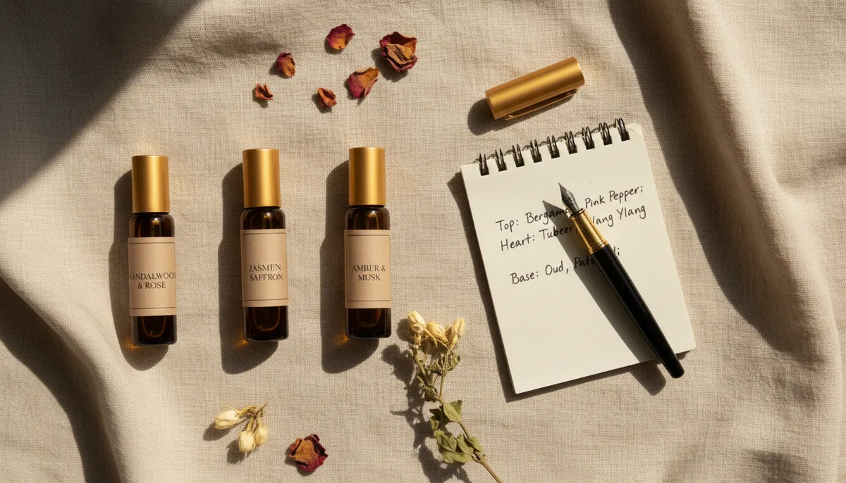 Three perfume oil bottles arranged on linen with a handwritten fragrance notes journal
