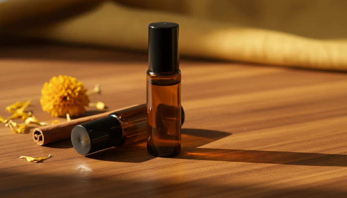 Two concentrated perfume oil bottles placed on a wooden surface in warm amber light