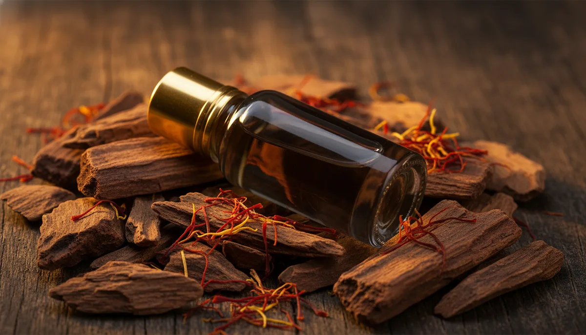 Dark oud perfume oil vial resting on agarwood chips and saffron threads with warm amber lighting