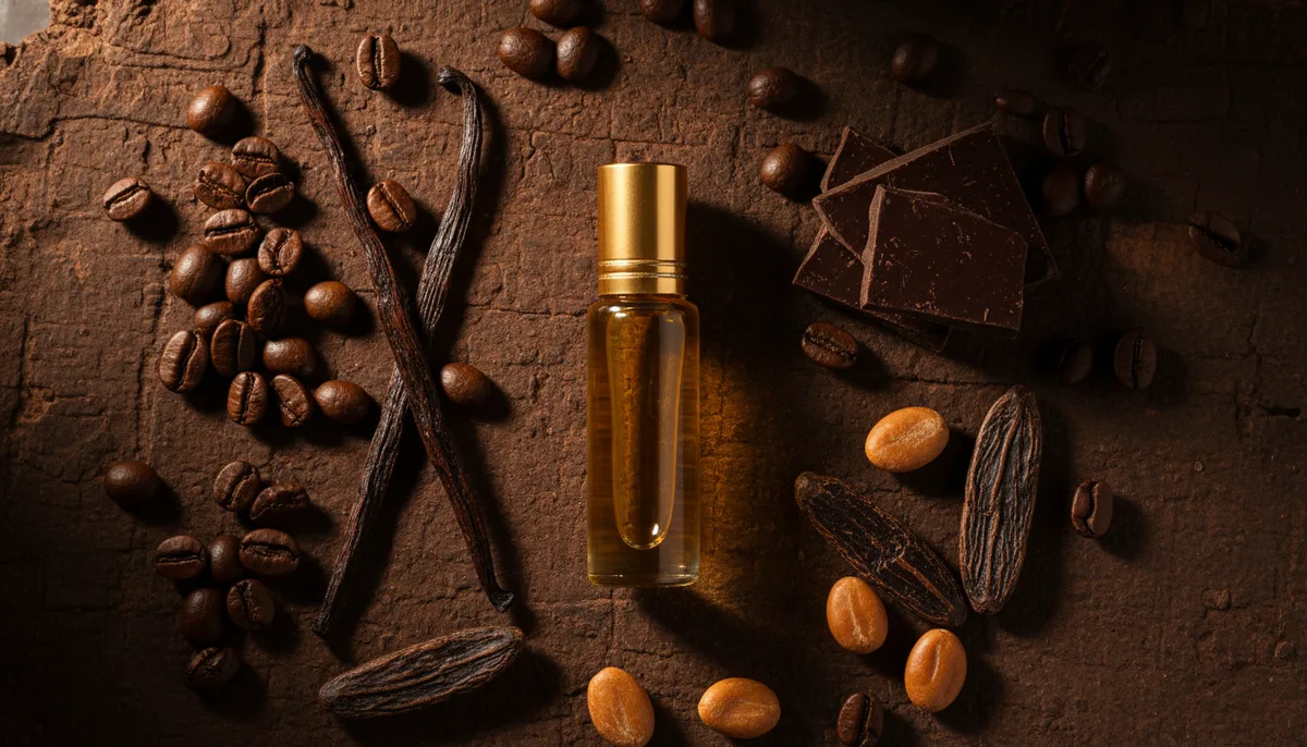 Gourmand perfume oil bottle surrounded by coffee beans vanilla pod and chocolate on a dark surface