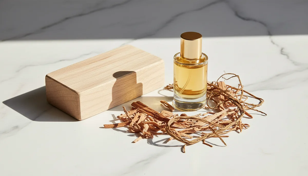 Mysore sandalwood block and cedarwood shavings beside a glass perfume bottle on white marble
