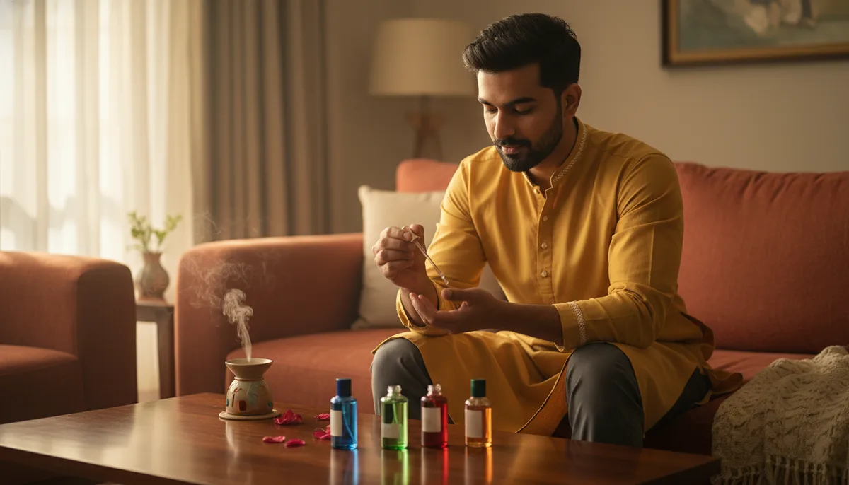 Young Indian man applying perfume oil to his wrist at a warmly lit apartment with multiple fragrance bottles on the table