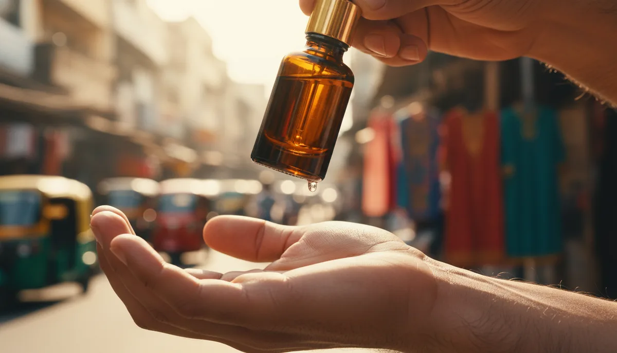 A drop of perfume oil falling onto a wrist in warm Indian sunlight
