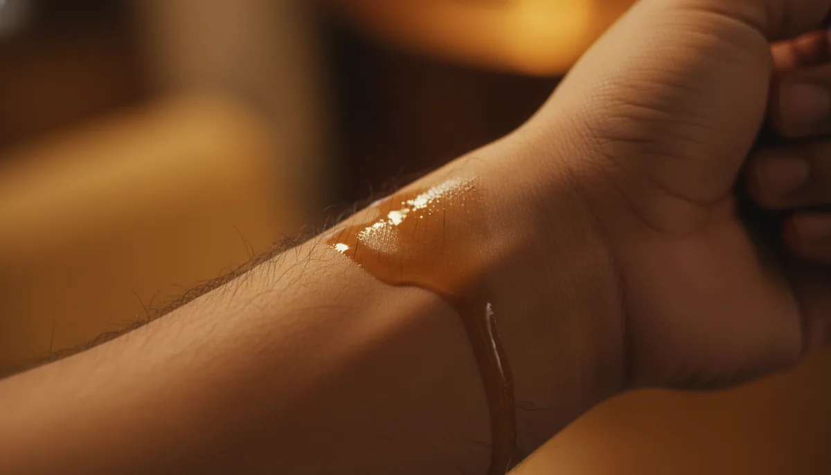 Amber perfume oil spreading on South Asian skin in warm light