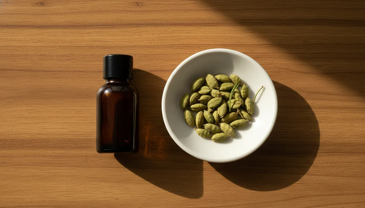 Attar bottle and cardamom sprig flat lay on wooden surface with warm lighting