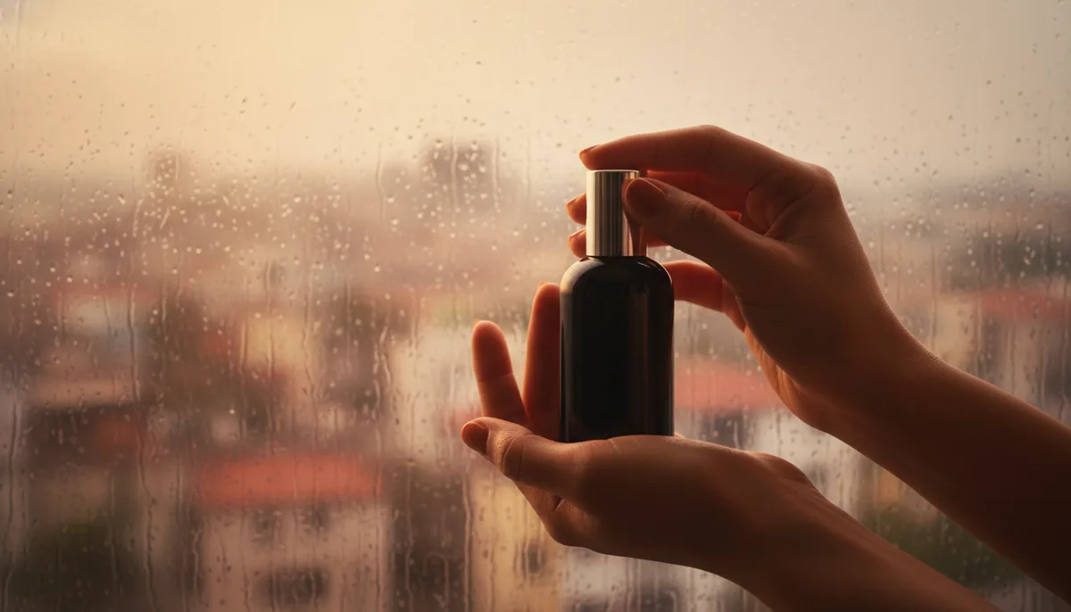 Hands holding a perfume oil bottle against a rain-fogged window during monsoon