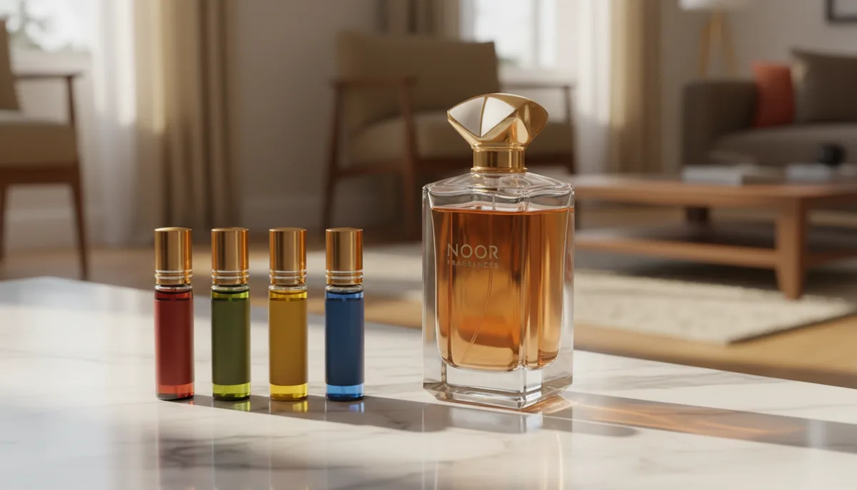 Comparison of four perfume oil bottles versus one large designer spray bottle on marble surface
