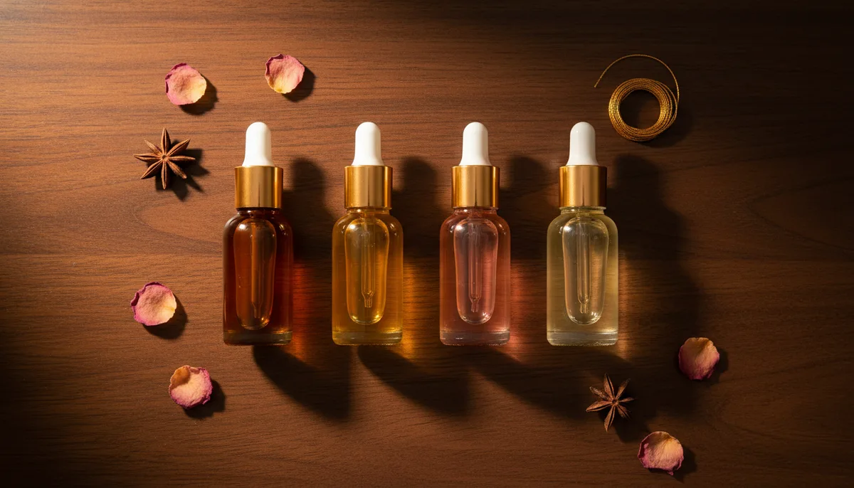 Four concentrated perfume oil bottles arranged on a wooden surface representing a fragrance wardrobe