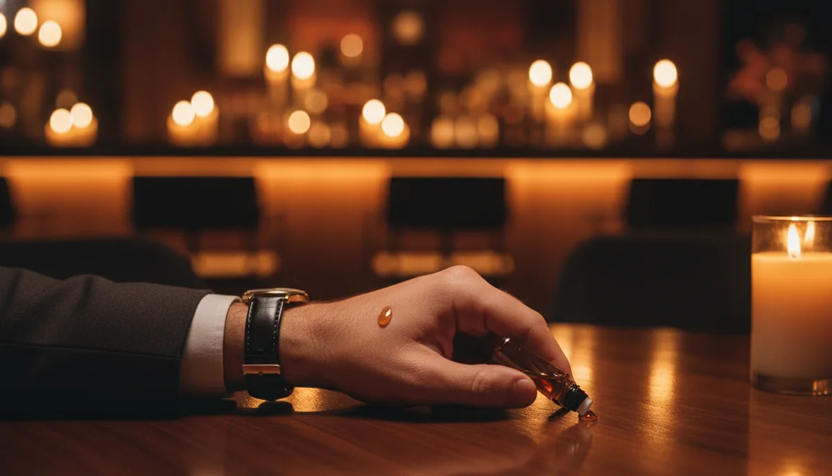 Man applying dark amber concentrated perfume oil to wrist in evening setting