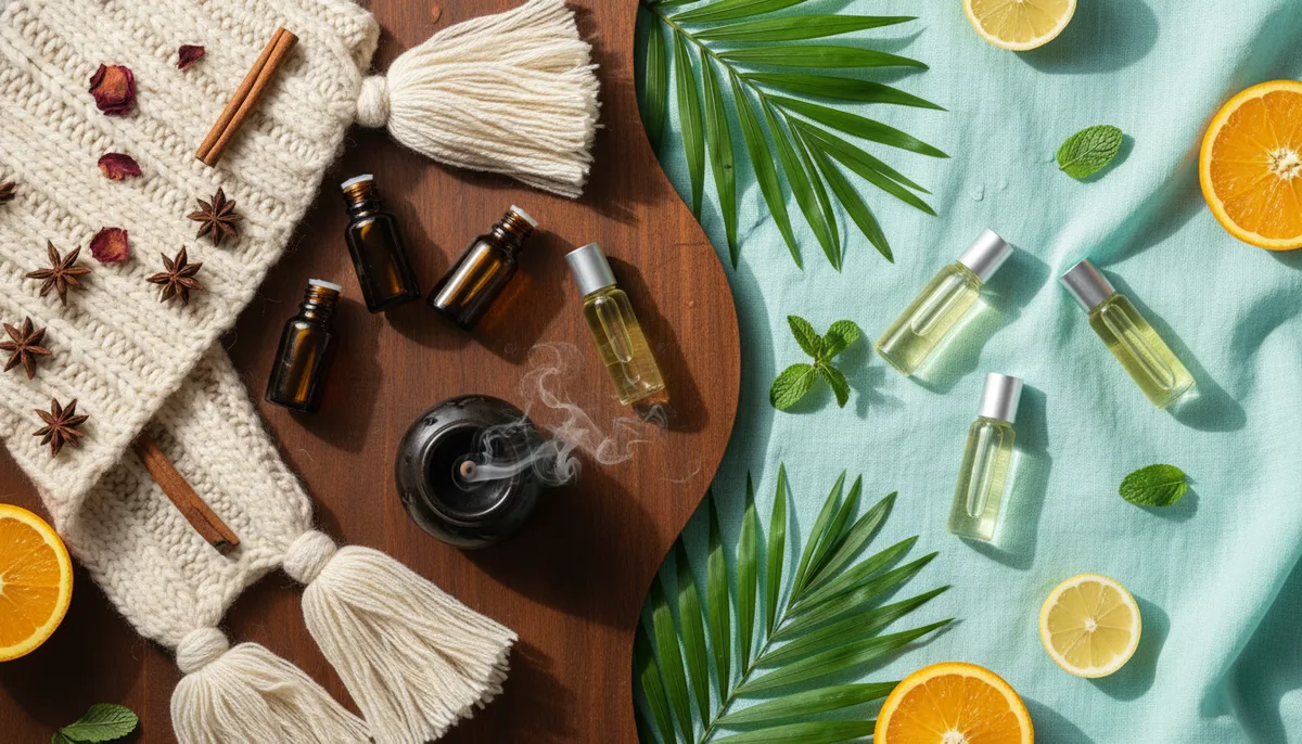 Seasonal fragrance rotation showing winter oud oils and summer citrus oils side by side