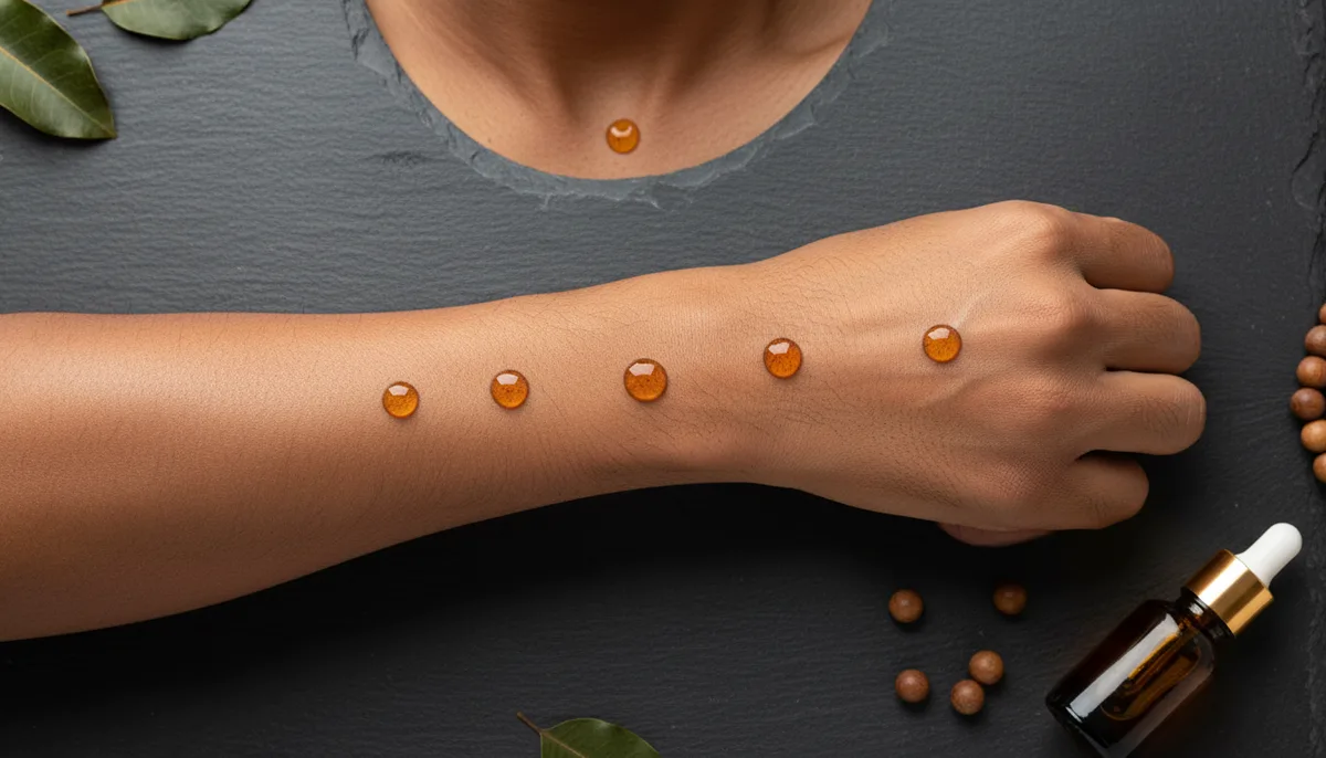 Amber perfume oil drops placed on pulse points on brown skin for maximum fragrance longevity