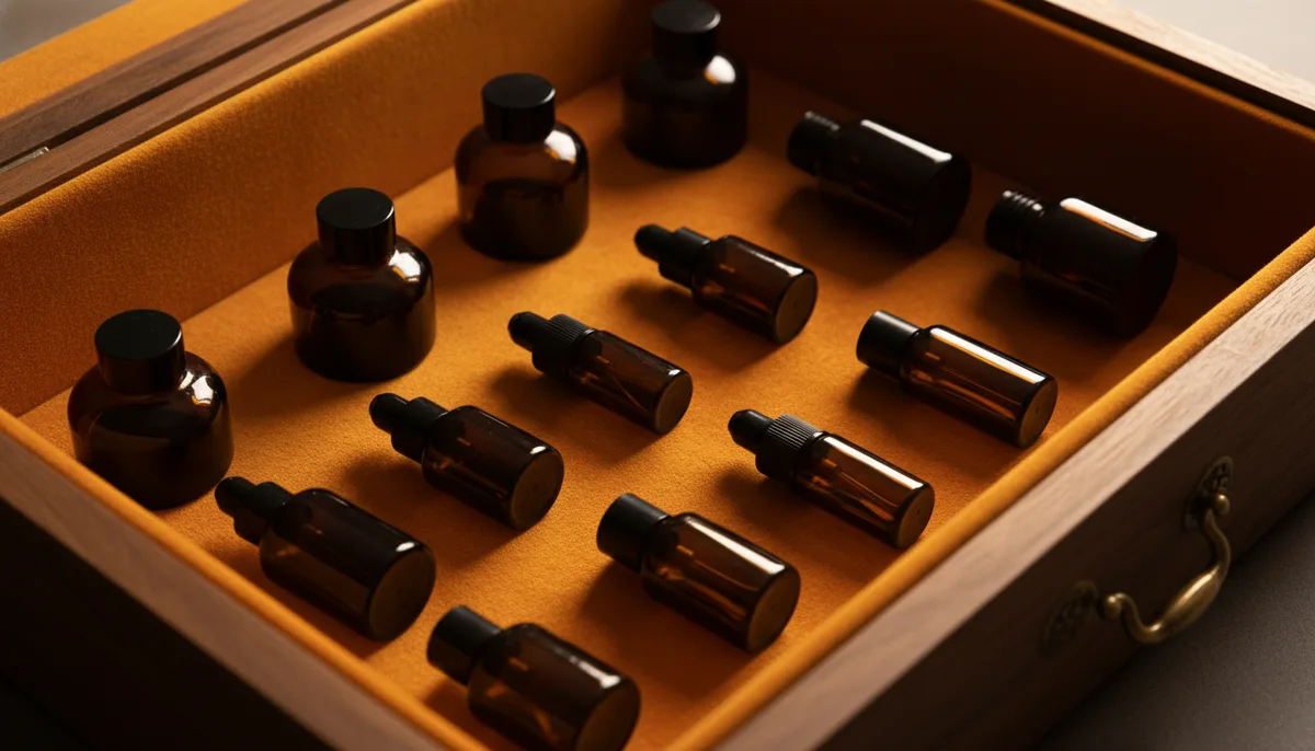 Dark glass perfume oil bottles stored properly in a cool dark wooden drawer away from sunlight