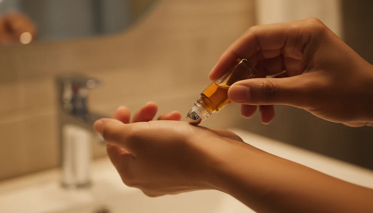 Person applying concentrated perfume oil to moisturised wrist before fragrance application