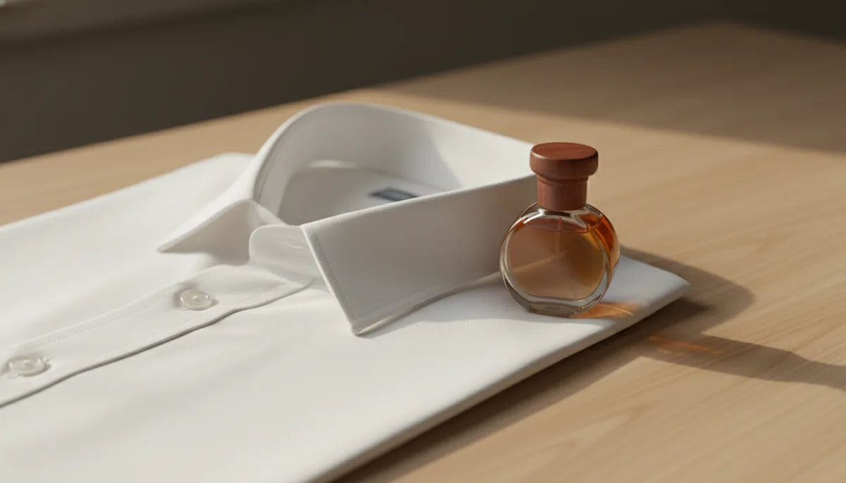 Small glass perfume oil bottle resting against a white kurta collar to anchor fragrance on fabric