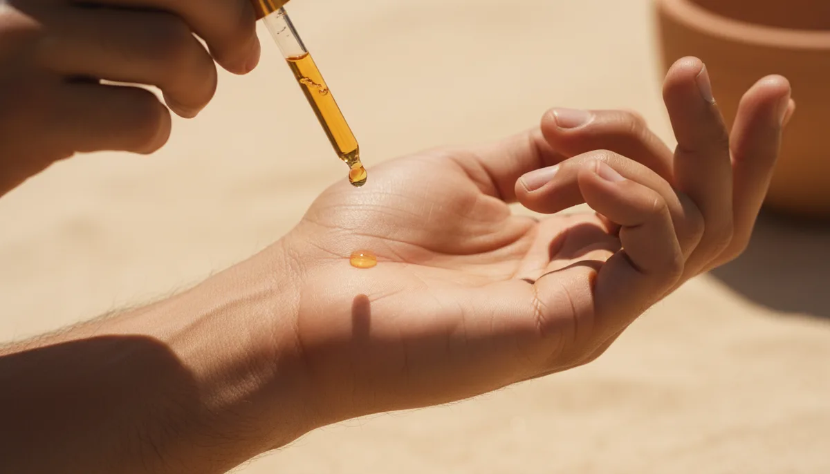 A drop of amber perfume oil being applied to a warm, slightly oily wrist in natural light