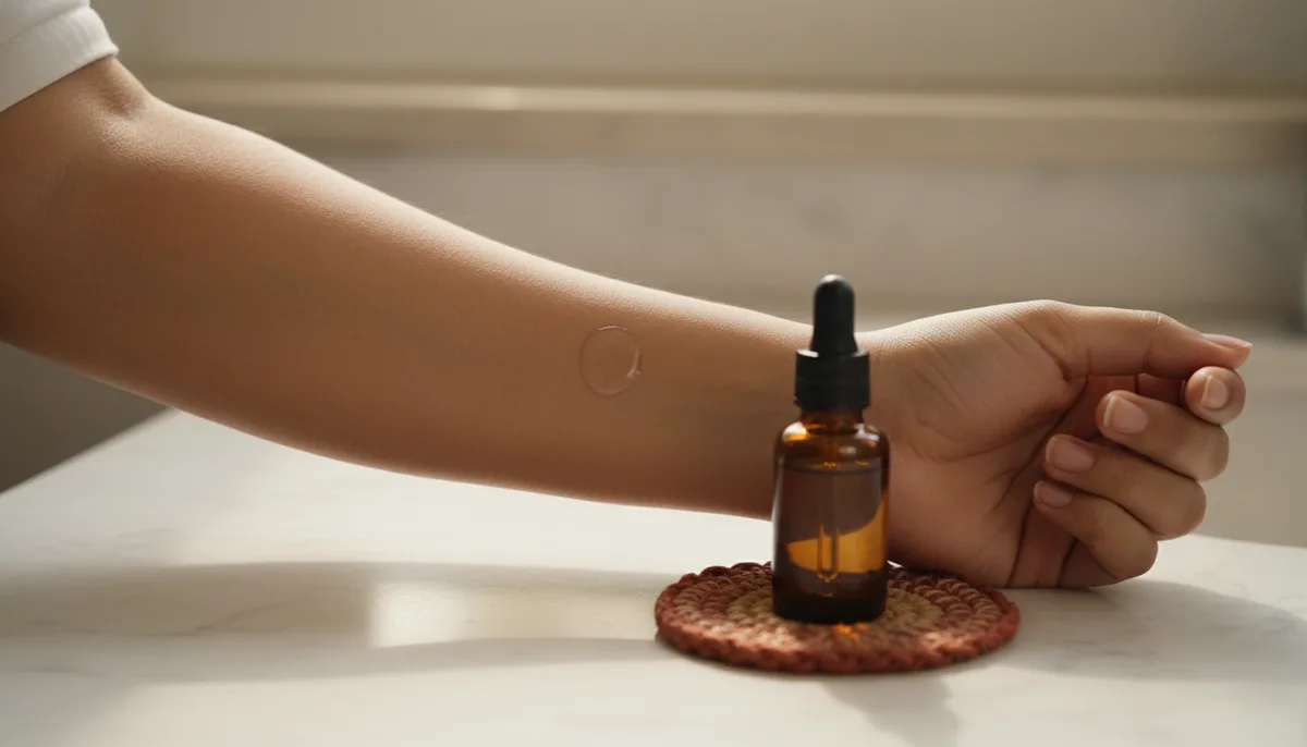 A person applying a perfume oil patch test on the inside of their elbow with a small glass vial nearby